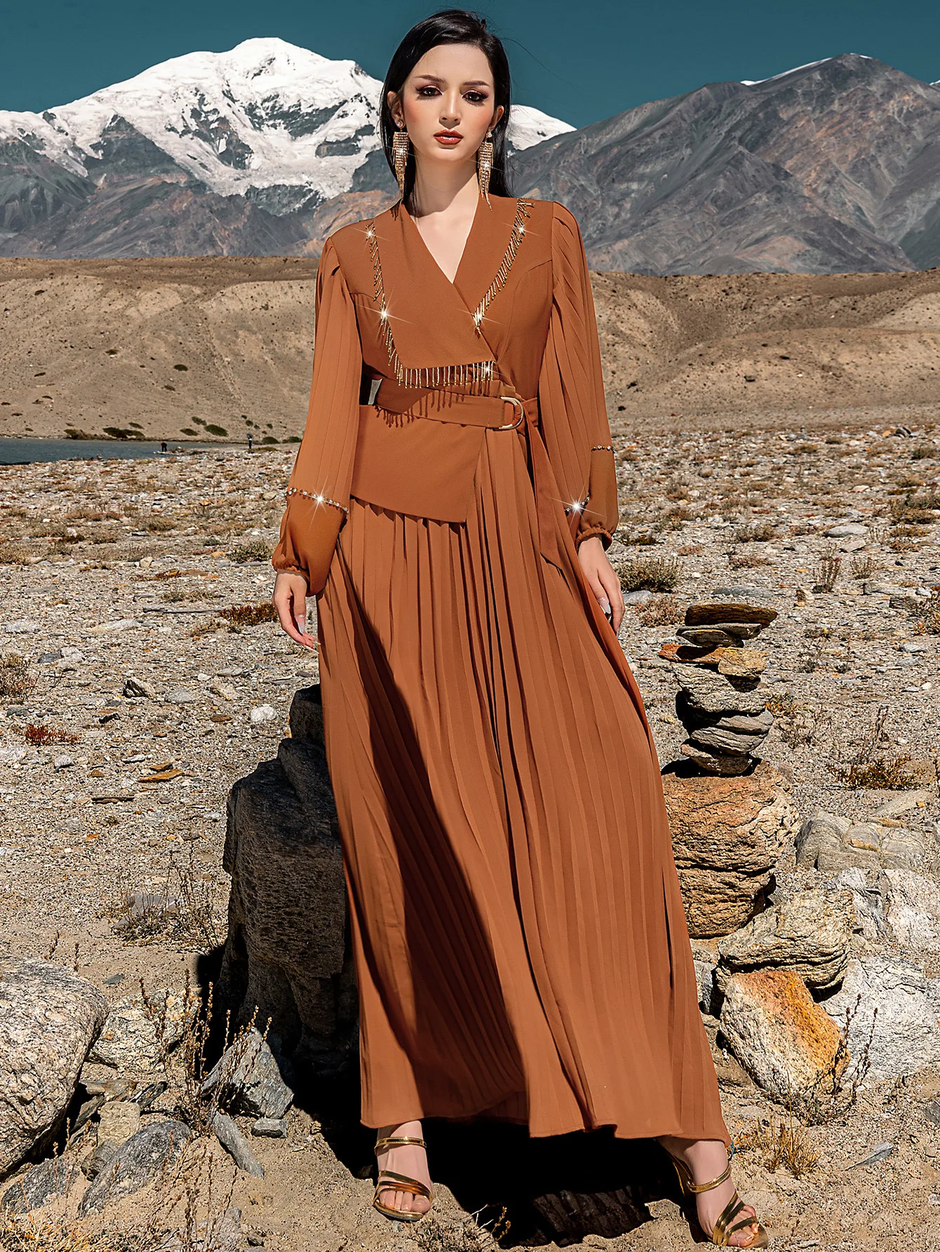 Fashion Women Diamonds Pleated Maxi Dress Lapel Abaya Dubai Kaftan Eid Ramadan Muslim Dresses Turkey Robe Femme Vestidos Caftan - Image 6