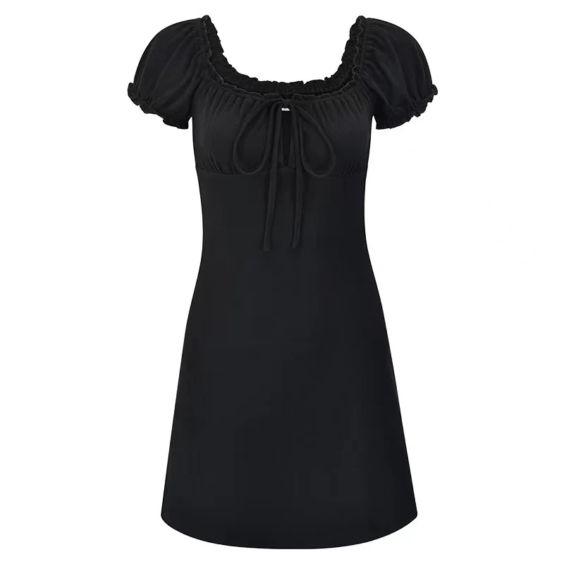 Summer Sexy Mini Dress Women Short Sleeved Lace up Hollow Casual Backless Folds Bodycon Black Dress Party Elegant A-LINE Dresses - Image 7