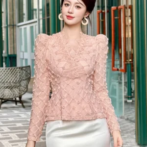 Women's French Pink Sheer Mesh Blouse 3D Floral Lace Elegant Long Sleeve Tops Female Romantic Date Party Shirt Lady