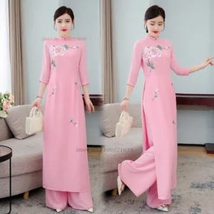 2026 vietnam traditional aodai dress cheongsam dress+pants set national flower print vintage qipao dress party evening dress