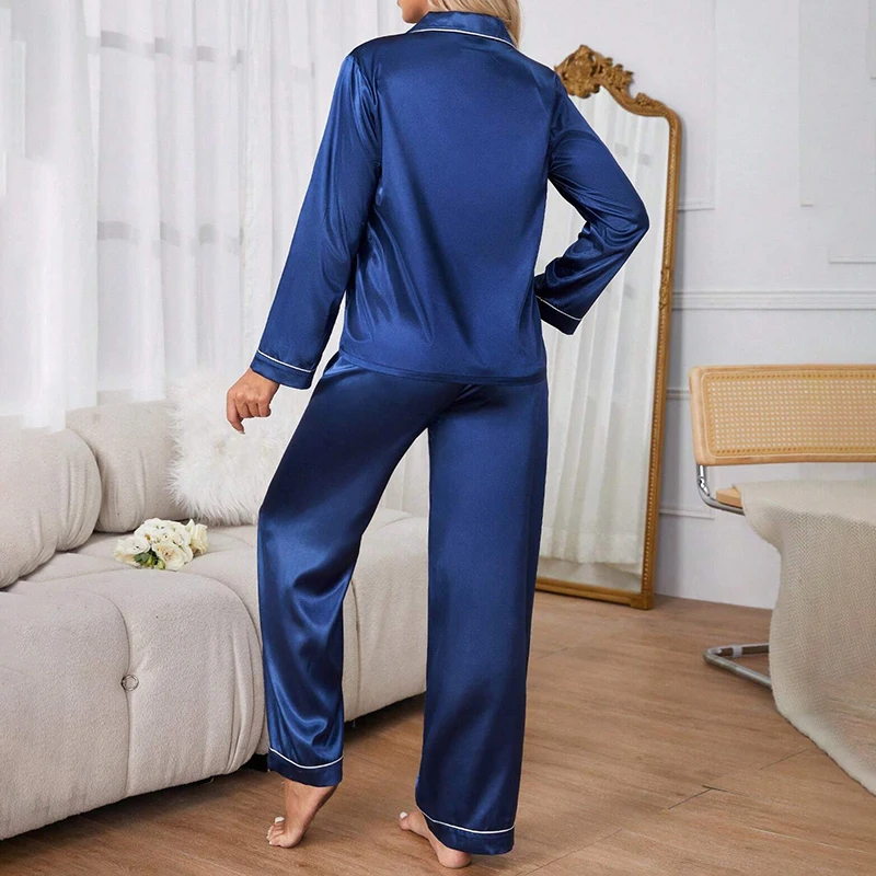 Women's Sleepwear Simple Satin Pajama Set Long Sleeve Buttons Lapel Top With Elastic Pants Loungewear Nightwear 2 Piece Nighty - Image 2