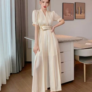 Women's Elegant Fashion Long Jumpsuit Professional Striped V-neck Adjustable Waist Wide Leg Rompers OL Street Work Pants