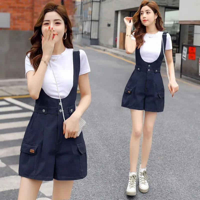 Korean Women High Waisted Backstraps Pants New Female Loose Fit Solid Color Versatile Rompers 2024 Summer Ladies Jumpsuit Shorts