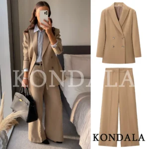 KONDALA Commute Chic Blazer Suit Women Slim Double Breasted Blazer, Long Pants 2026 New Spring Fashion Elegant Blazer Pants Set