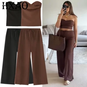 HXAO Ruffled Pant Sets Women's Two Pieces Set Strapless Crop Backless Tube Top Suit Chic Lace-Up Wide Leg Trousers Sets Outfits