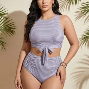 2026 New Arrival Women's Plus Size Striped Two Piece Swimsuit High Neck Tie Front Crop Top High Waisted Bikini Set Bathing Suit