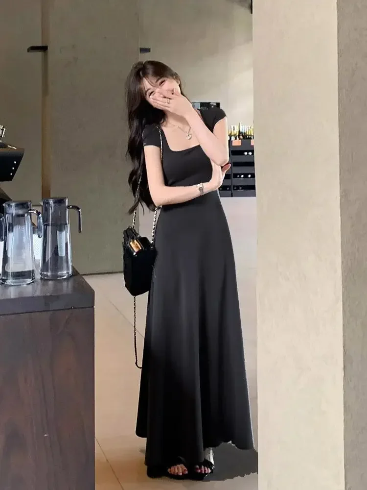 PTKPCC New Summer Waist-fitted Elegant French Style Women's Grey Short Sleeve Tank Dress Long Dress Sexy Dress - Image 6