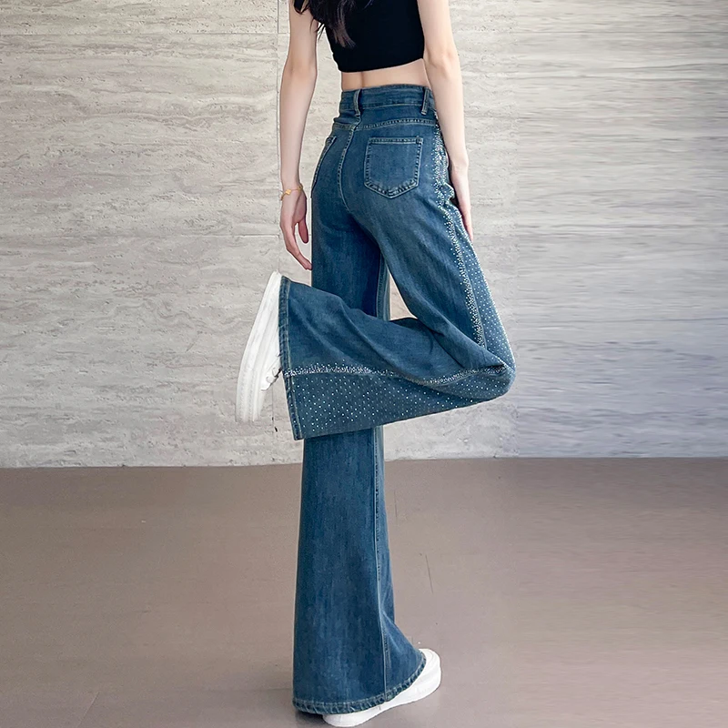 High Waist Wide Leg Jeans For Women Bell Bottom Pants Flared Pants Hotfix Rhinestone Patchwork Dragging Pants - Image 2