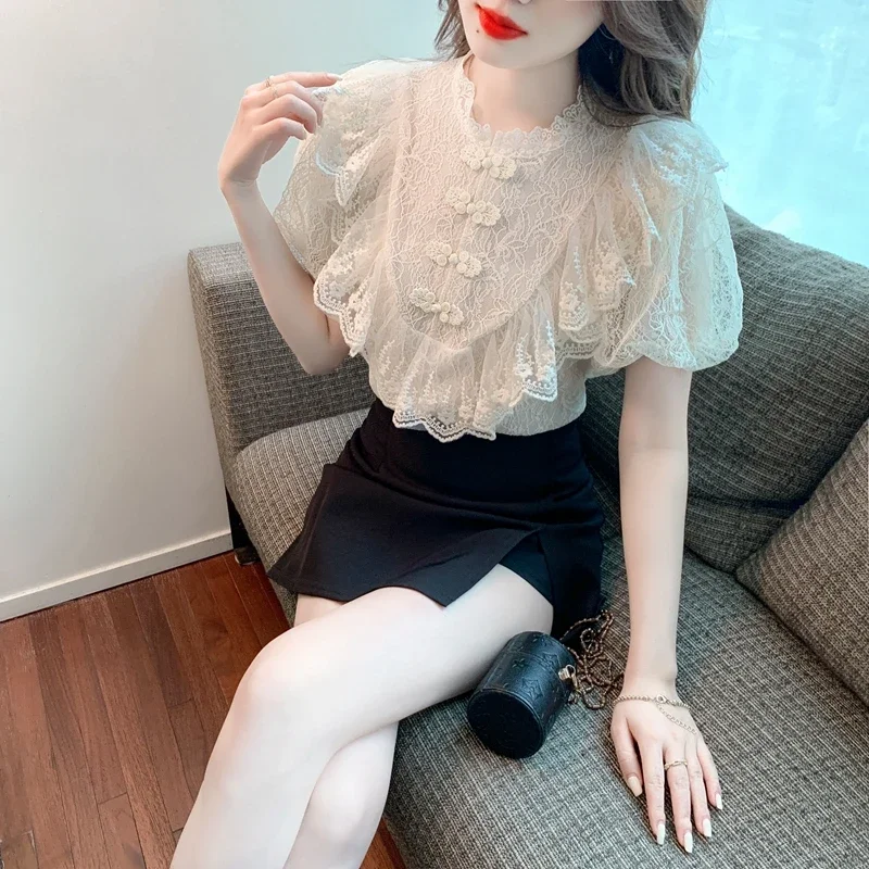 Vintage Lace Blouses Women Summer 2026 Elegant Fashion Casual Puff Sleeve Ladies Tops Korean Style Slim Y2k Chiffon Shirts - Image 5