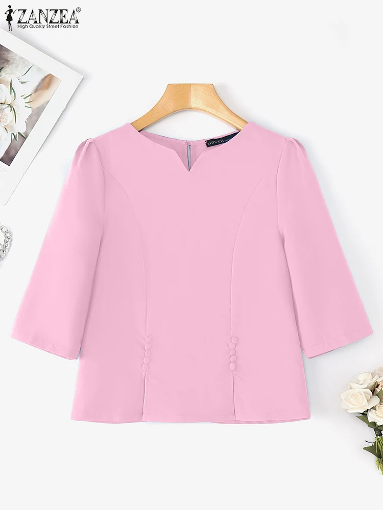 Vintage Blouse Women Spring 3/4 Sleeve Tops Fashion Work Pullovers Casual Loose V Neck Tunic Solid Buttons Blusas ZANZEA 2025 - Image 9
