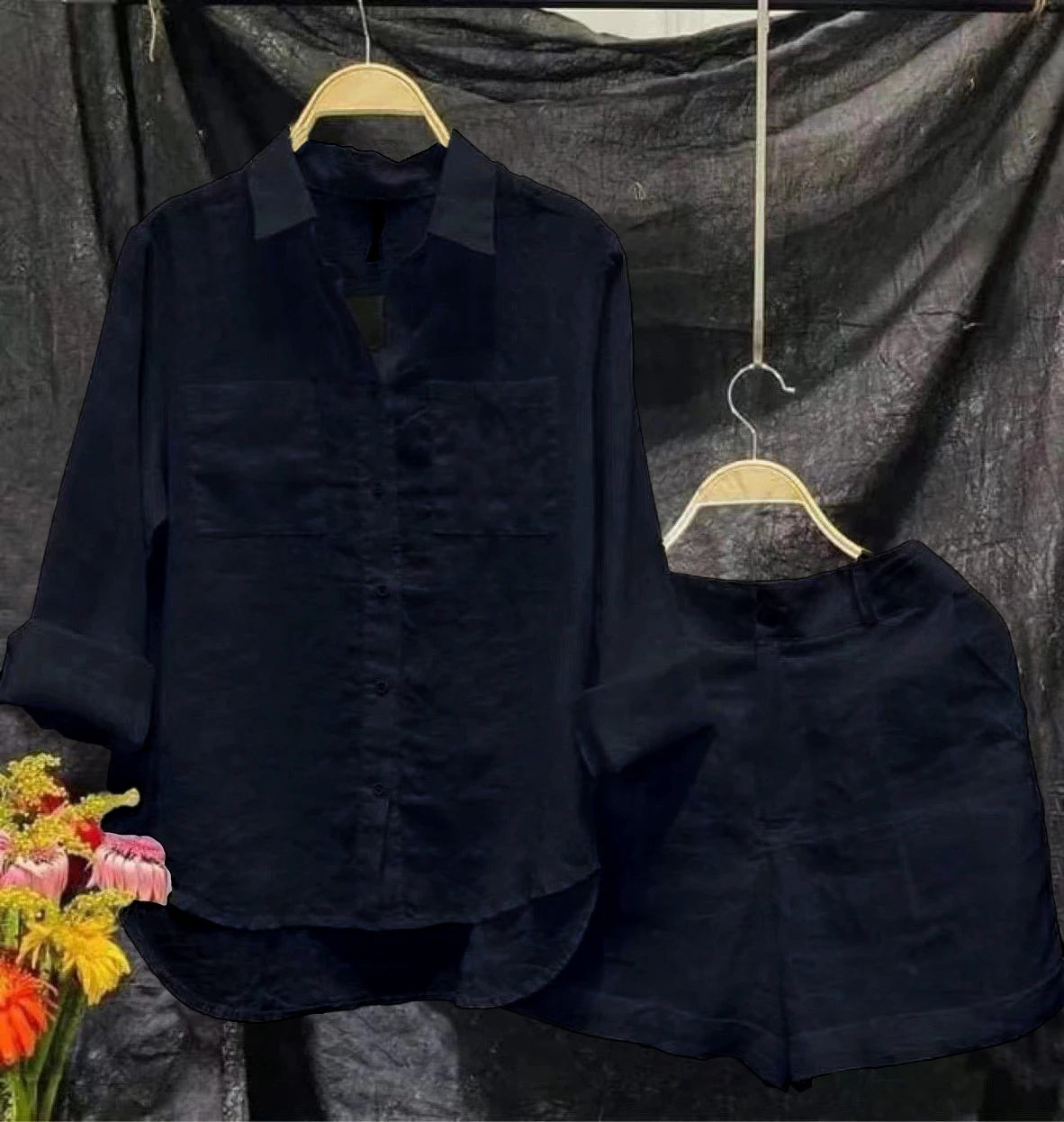 Summer Cotton Linen Casual Home 2 Piece Set For Women 2024 Fashion White Long Sleeve Shirt And Shorts Two Piece Sets Tracksuit - Image 9