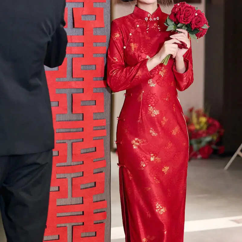 Long Sleeve Improved Qipao Dress Bride Wedding Burgundy Dress Women Sexy Lace Butterfly Chesongam Chinese Banquet Vestidos - Image 5