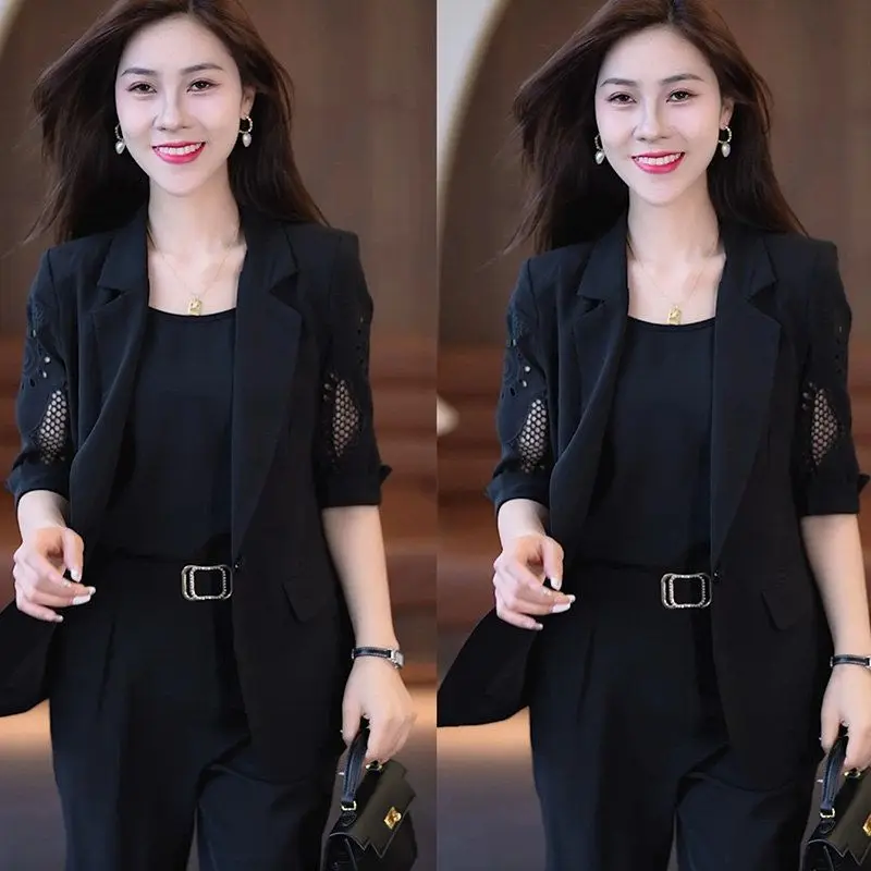 2025 Autumn New Vintage Hollow Short Sleeve Jacket with Tank Top Casual Pants Three Piece Elegant Women's Pants Suit Office Set - Image 4
