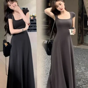 PTKPCC New Summer Waist-fitted Elegant French Style Women's Grey Short Sleeve Tank Dress Long Dress  Sexy Dress