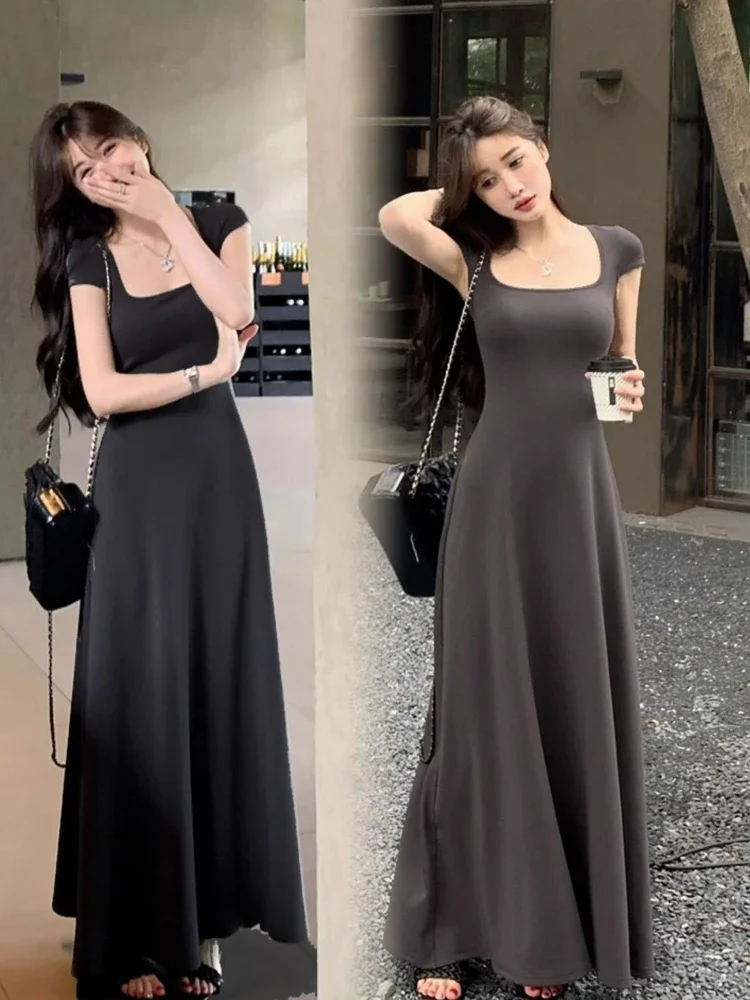 PTKPCC New Summer Waist-fitted Elegant French Style Women's Grey Short Sleeve Tank Dress Long Dress Sexy Dress