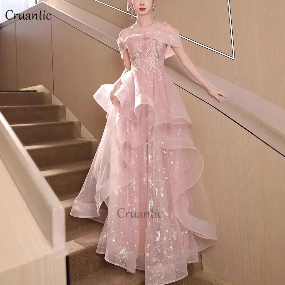 Luxury Pink Tulle Pleated Prom Dress Shiny Sequines Off The Shoulder Bridesmaid Dress For Wedding Sweet Women Long Evening Gowns - Image 5