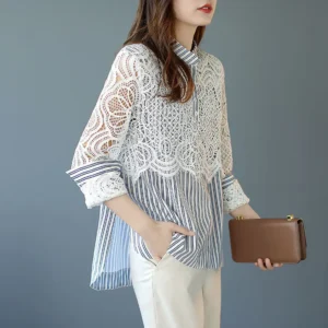 Fashion Color matching Fake Two-piece polo neck Shirt Women's 2026 New Korean Casual  All-Match Chic Loose Blouse Female Top