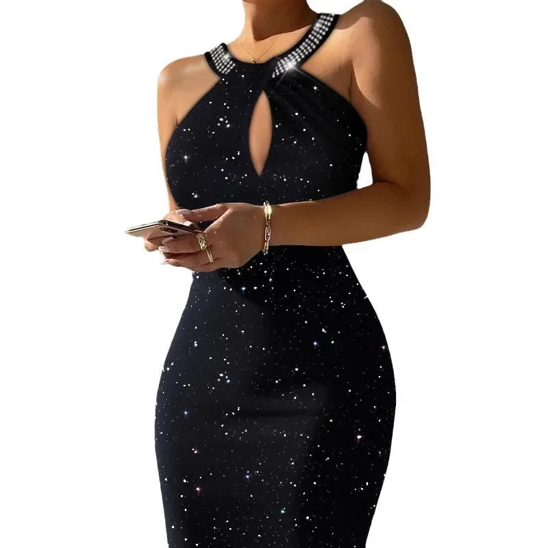 Hot Sale Of The Season Fashion Sequin Neck Hanging Drill Flashing Sleeveless Back Exposed Butt Sexy Dress Sexy Gown Women's Clot - Image 3