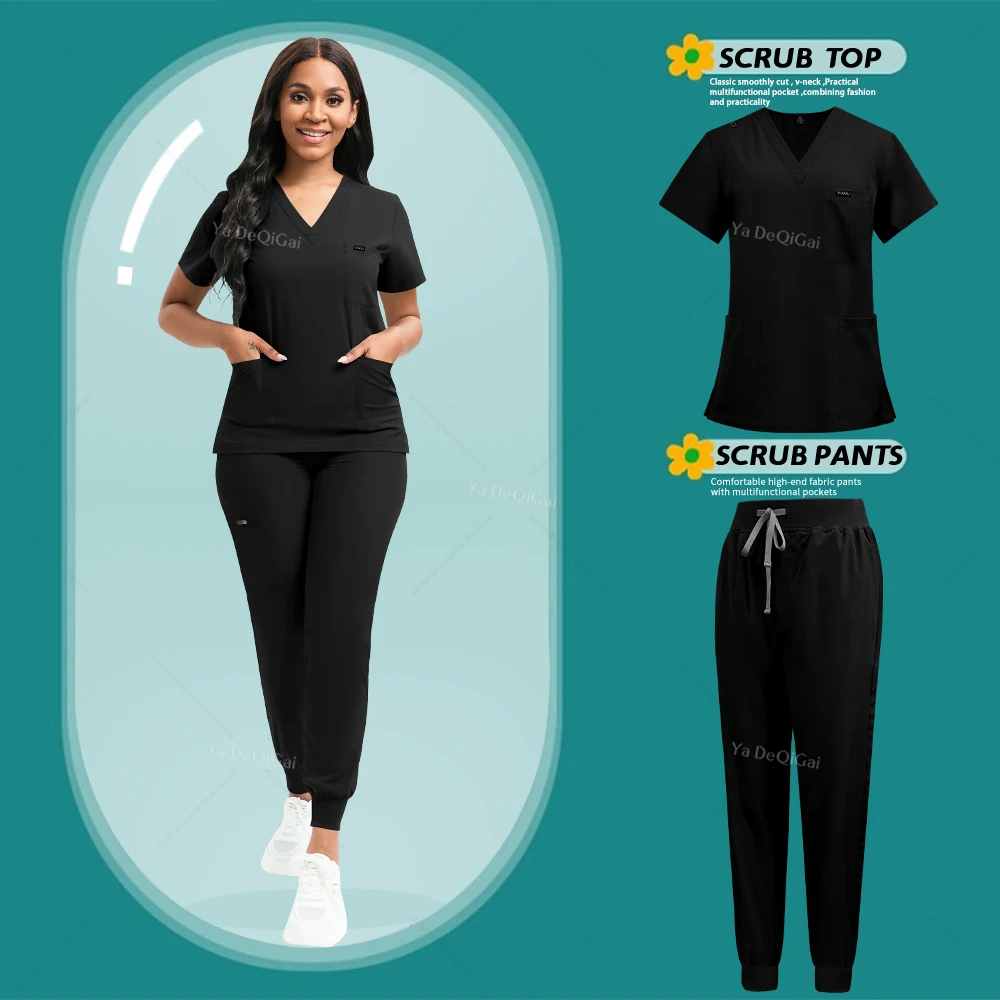 Stretch Scrubs Women Set Nursing Uniforms Clinical Scrubs Set Nurse Doctor Dustproof Workwear Medical Scrubs Top+ Jogger Pants - Image 13
