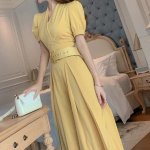 Fashion Elegant Long Jumpsuit Women Professional Sweet Yellow Puff Sleeve Adjustable Belt Poackets Folds Pants Street Rompers