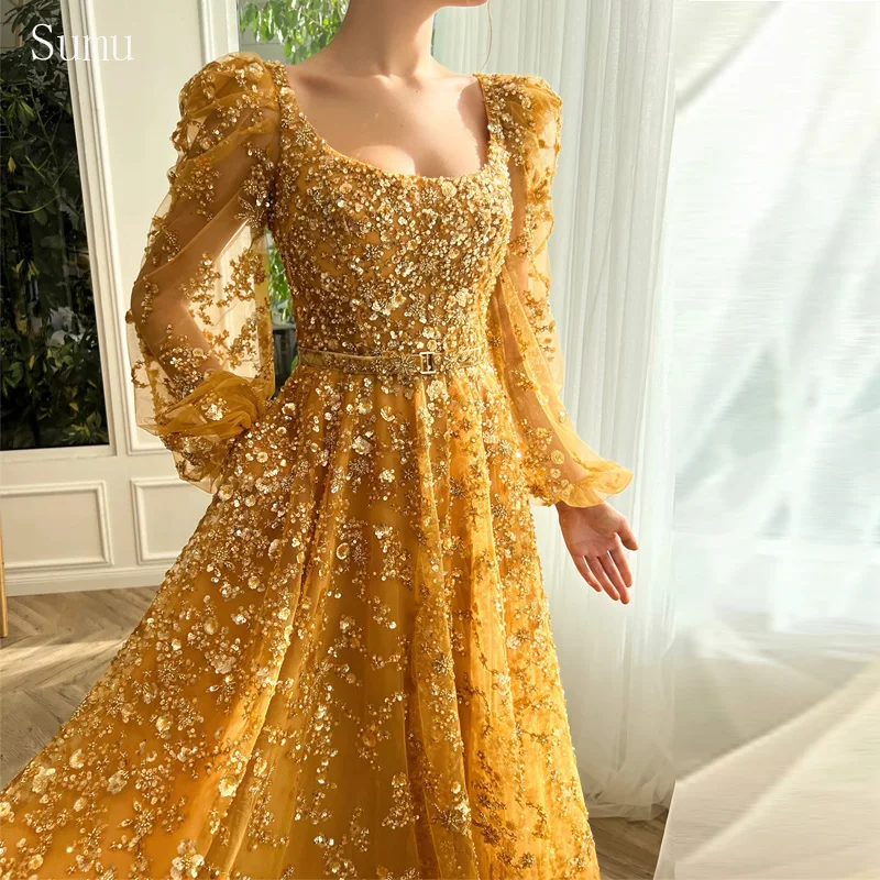 Square Collar Beaded Prom Dress Long Sleeve Pleated vestidos de noche A-Line Floor-Length Wedding Party Customized - Image 4