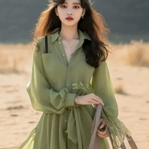Elegant and Dignified Sense of Drape Green Long Sleeved Shirt Dress Women's Autumn Outfit New Early Autumn French Long Dresses