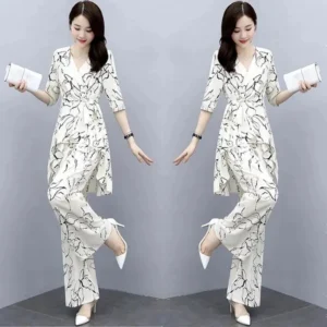 2 Piece Set Women Casual Fashion Printing Pants Suit Short Sleeve Tops +Wide Leg Pants 2 Piece Outfits Women White Set Summer4XL