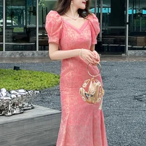 French Elegant Party Dresses for Women Sweet Pink Jacquard Yarn Printed Wrap Hip Long Fishtail Robe Feminine Prom Date Vestidos
