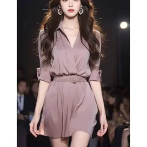 Summer Dress New French High end Exquisite Temperament  Light Pink Brown Suit Collar Waist Slimming A-line Short Dress for Women