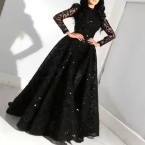 Women Dress 2021 Summer Long-Sleeved Sequined Expandable Elegant Gown Party Dress High Waist Big Swing Black Dresses Black