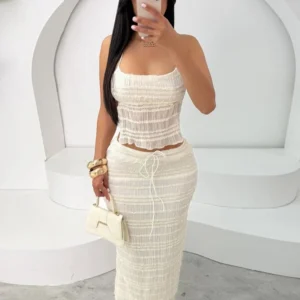 Weird Puss Mesh Backless 2 Piece Set Women Halter Lace-Up See Through Crop Tops+Loose Elegant Long Skirts Vacation Trend Outfits