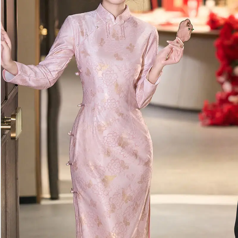 Long Sleeve Improved Qipao Dress Bride Wedding Burgundy Dress Women Sexy Lace Butterfly Chesongam Chinese Banquet Vestidos - Image 2