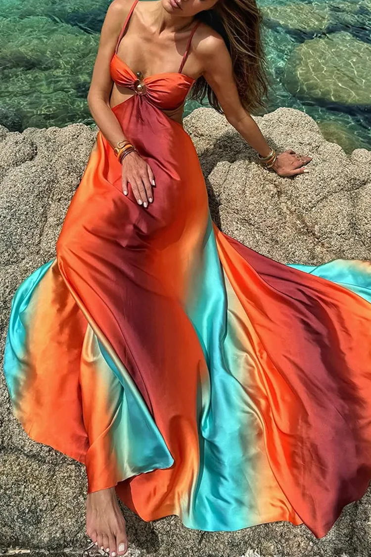 Sexy Gradient Hollow Out Maxi Dress Women Backless Sleeveless Sling Long Dresses 2025 Summer Vacation Boho Beach Satin Robes - Image 4