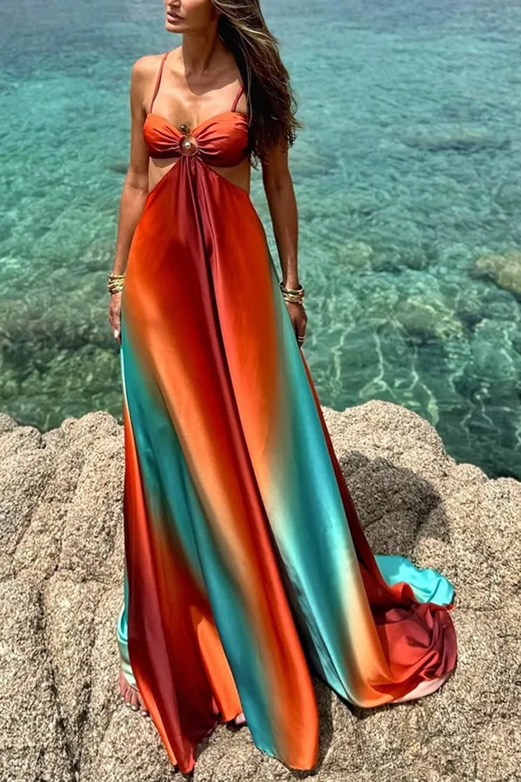 Sexy Gradient Hollow Out Maxi Dress Women Backless Sleeveless Sling Long Dresses 2025 Summer Vacation Boho Beach Satin Robes - Image 2
