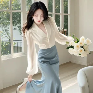 New High End Fashion Two Piece Set Women Elegant Satin Lapel Puff Long Sleeve Shirt + High Waist A-line Skirt Office Lady Suit