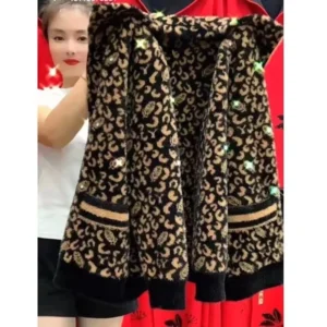 2026 New Middle Aged Elderly Imitation Mink Velvet Coat Women Fashion Leopard Print Knitted Cardigan Sweater Jacket Ladies Tops