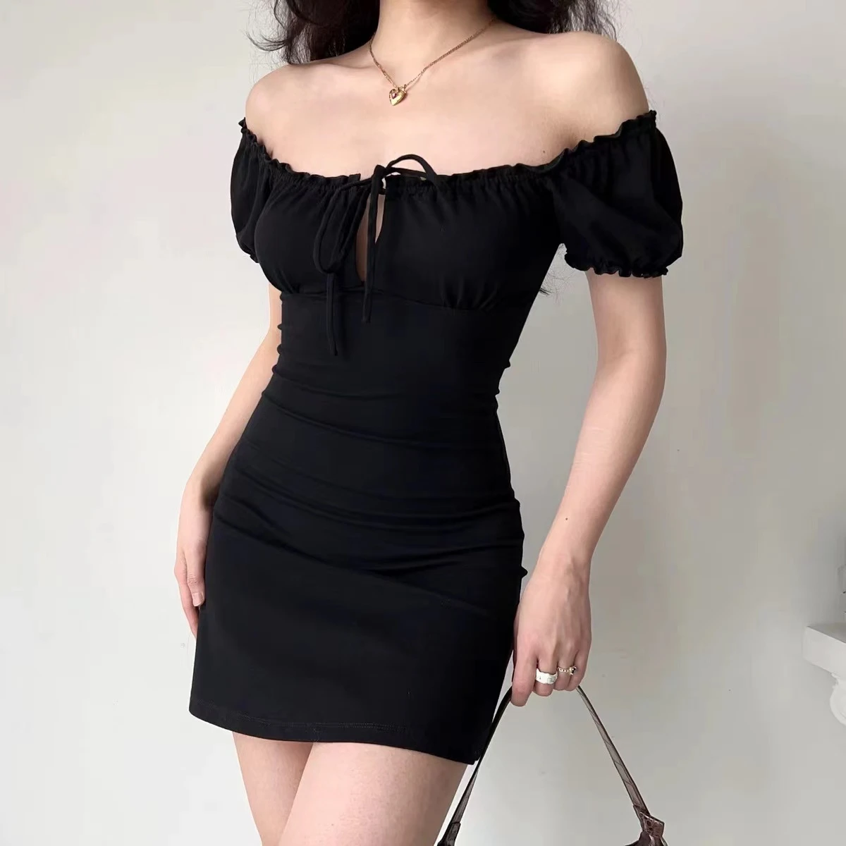 Summer Sexy Mini Dress Women Short Sleeved Lace up Hollow Casual Backless Folds Bodycon Black Dress Party Elegant A-LINE Dresses - Image 2
