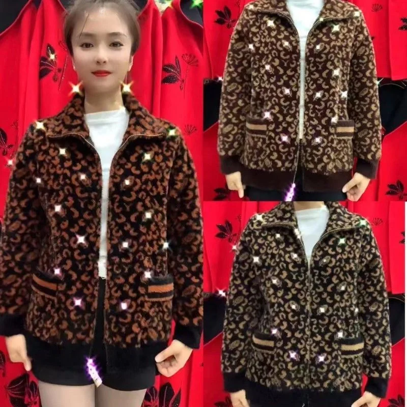 2026 New Middle Aged Elderly Imitation Mink Velvet Coat Women Fashion Leopard Print Knitted Cardigan Sweater Jacket Ladies Tops - Image 5