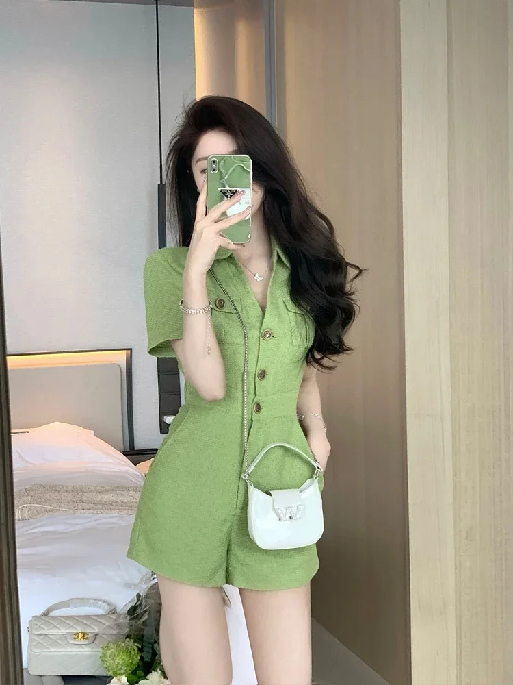 2025 Summer New Women Turn Down Collar Short Jumpsuits Female Solid Color Loose Shorts Ladies Short Sleeve Wide Leg Rompers P68 - Image 3