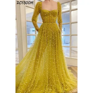 Elegant Square Neck Pearls Open Back Full Sleeves Evening Dress 2026 A-Line Floor Length Tulle Custom Made Party Prom Dress