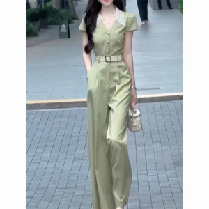 New French High End Women's Jumpsuit Fashion Summer Elegant Slim Short Sleeve V-neck High Waist Solid Color Wide Leg Jumpsuit