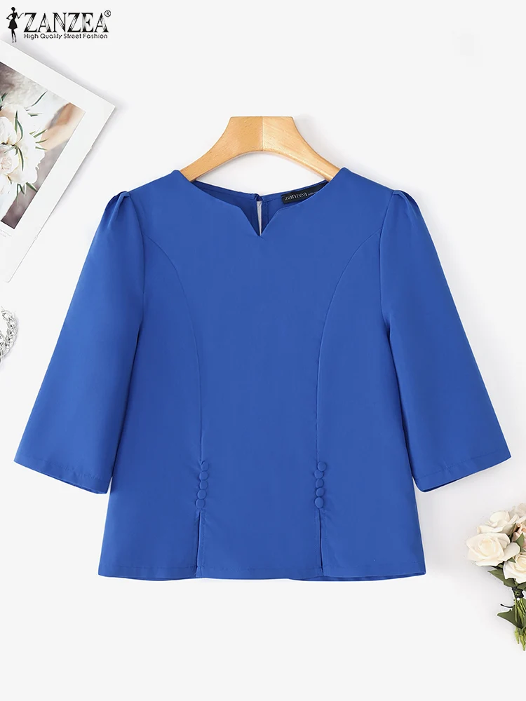 Vintage Blouse Women Spring 3/4 Sleeve Tops Fashion Work Pullovers Casual Loose V Neck Tunic Solid Buttons Blusas ZANZEA 2025 - Image 8