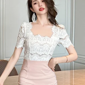 2023 Fashion Elegant White Blouse Hook Floral Hollow Women Tops Sweet Outfits Sheer Lace Sexy T-Shirts Tees Party Street Clothes