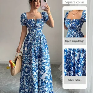 Elegant Women's Floral Print Bubble Sleeve Dress, Blue Long Dress, Front Tie Back Gathered Waist, Casual Vacation