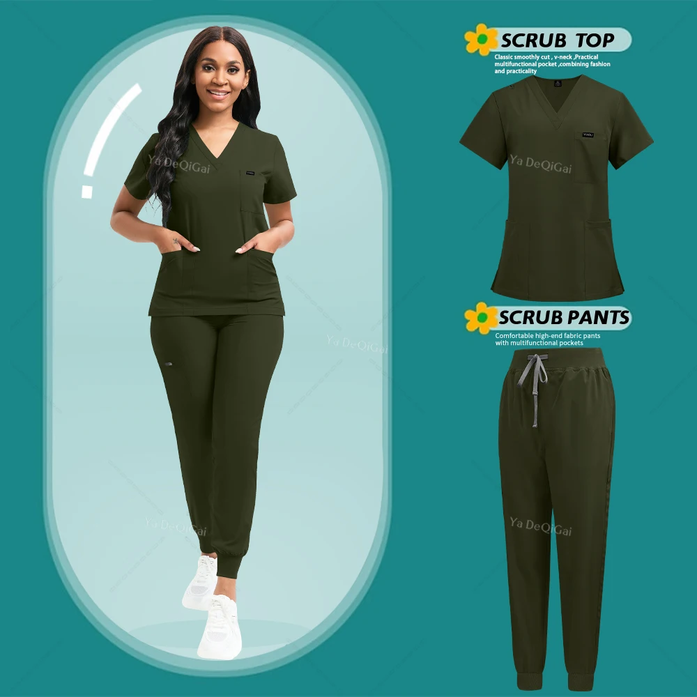 Stretch Scrubs Women Set Nursing Uniforms Clinical Scrubs Set Nurse Doctor Dustproof Workwear Medical Scrubs Top+ Jogger Pants - Image 10
