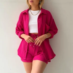 Women Two-piece Set Red Wrinkled Lapel Long-Sleeved Shirt High-Waisted Drawstring Shorts Large Size Fashion Casual Suit