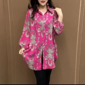 Fashion Minimalist Commute Loose 2024 Spring New Shirts Women's Printed Polo-Neck Asymmetric Midi Long Sleeve Pullover Blouses