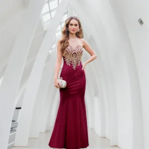 BABYONLINE Burgundy Evening Dress Illusion O-Neck Sequins Appliques Sleeveless Mermaid Prom Dress Slim Empire Party Trumpet Gown