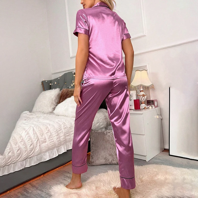 Luxurious Satin Pajama For Women 2 Piece Pjs Set Pocket Heart Embroider Sleepwear Autumn Long Sleeve Tops & Pants Pyjama Female - Image 2