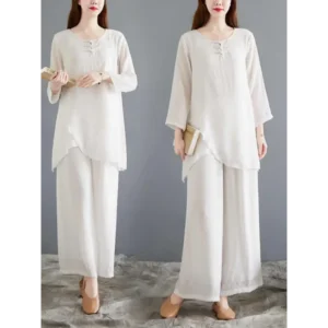 New Fashion Casual Chinese Ethnic Suit Women's Spring Autumn Chiffon Long Sleeve Top Loose Dancing Two-piece Set